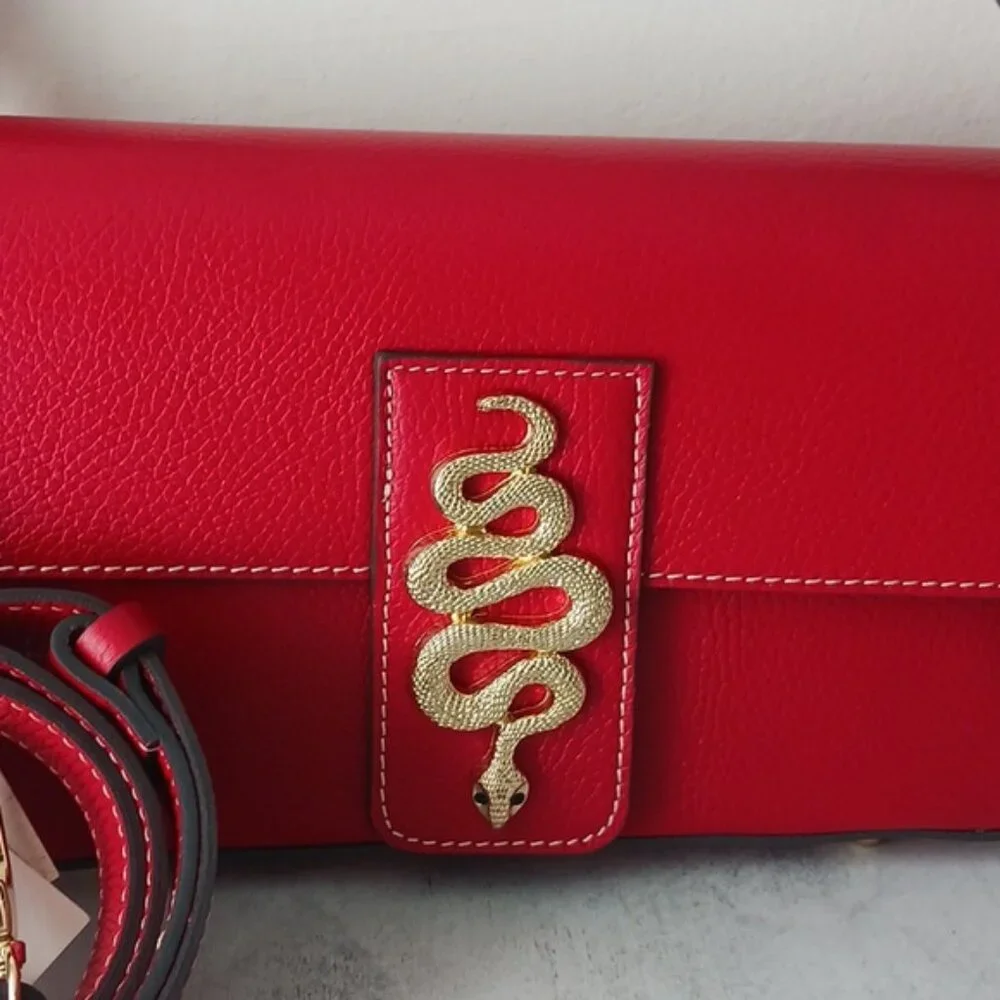 Divina Firenze Italy Red Leather Shoulder Crossbody Bag with Gold Snake Tab